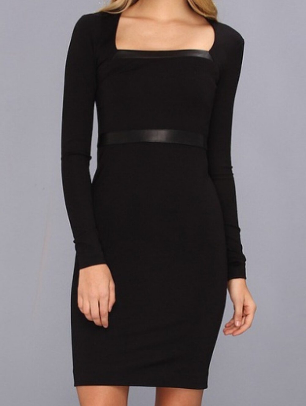 Nicole Miller Artelier Black Sweater Knit Sheath Dress with Leather Trim